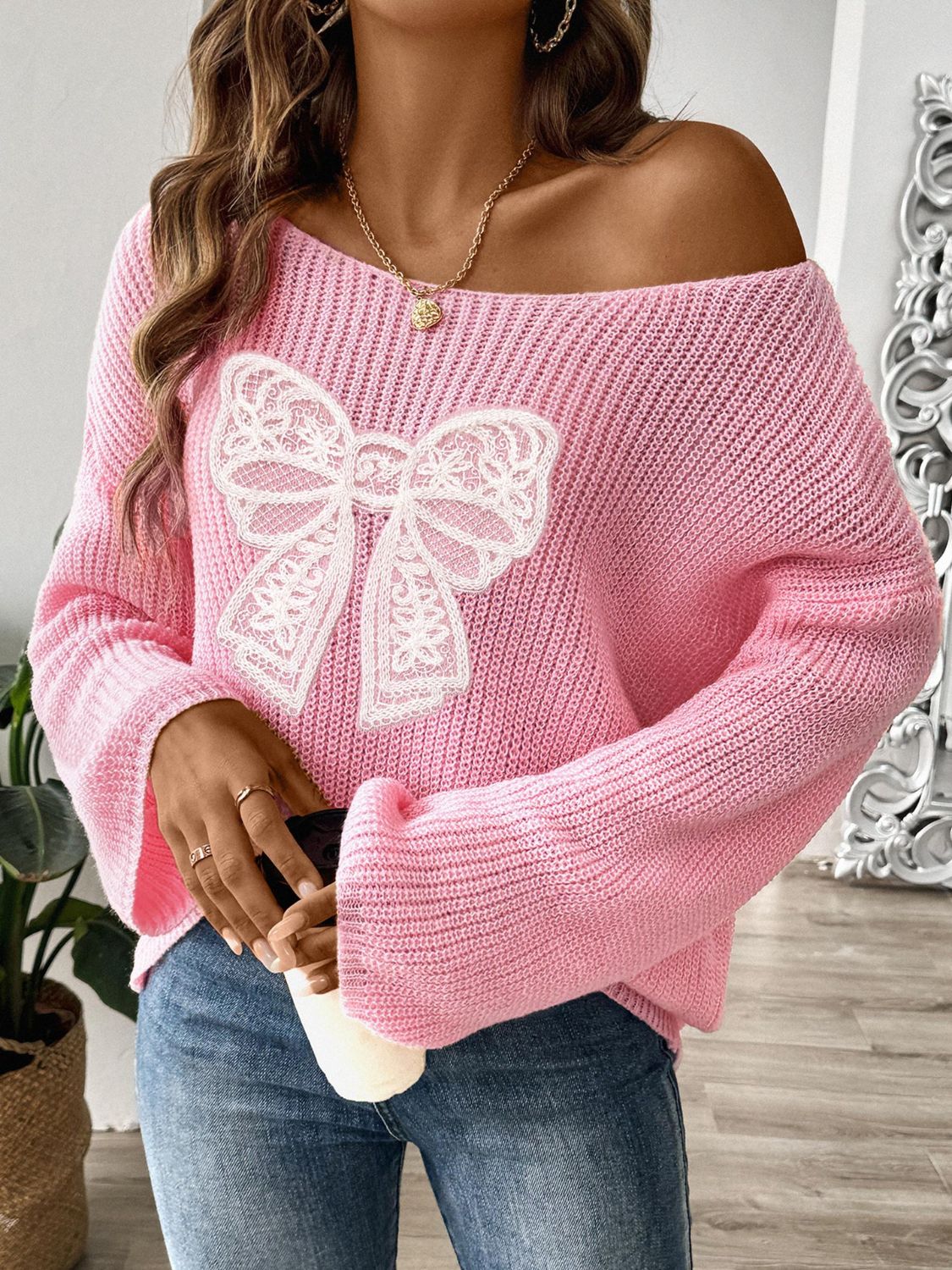 WestCloset Bow Boat Neck Long Sleeve Sweater 