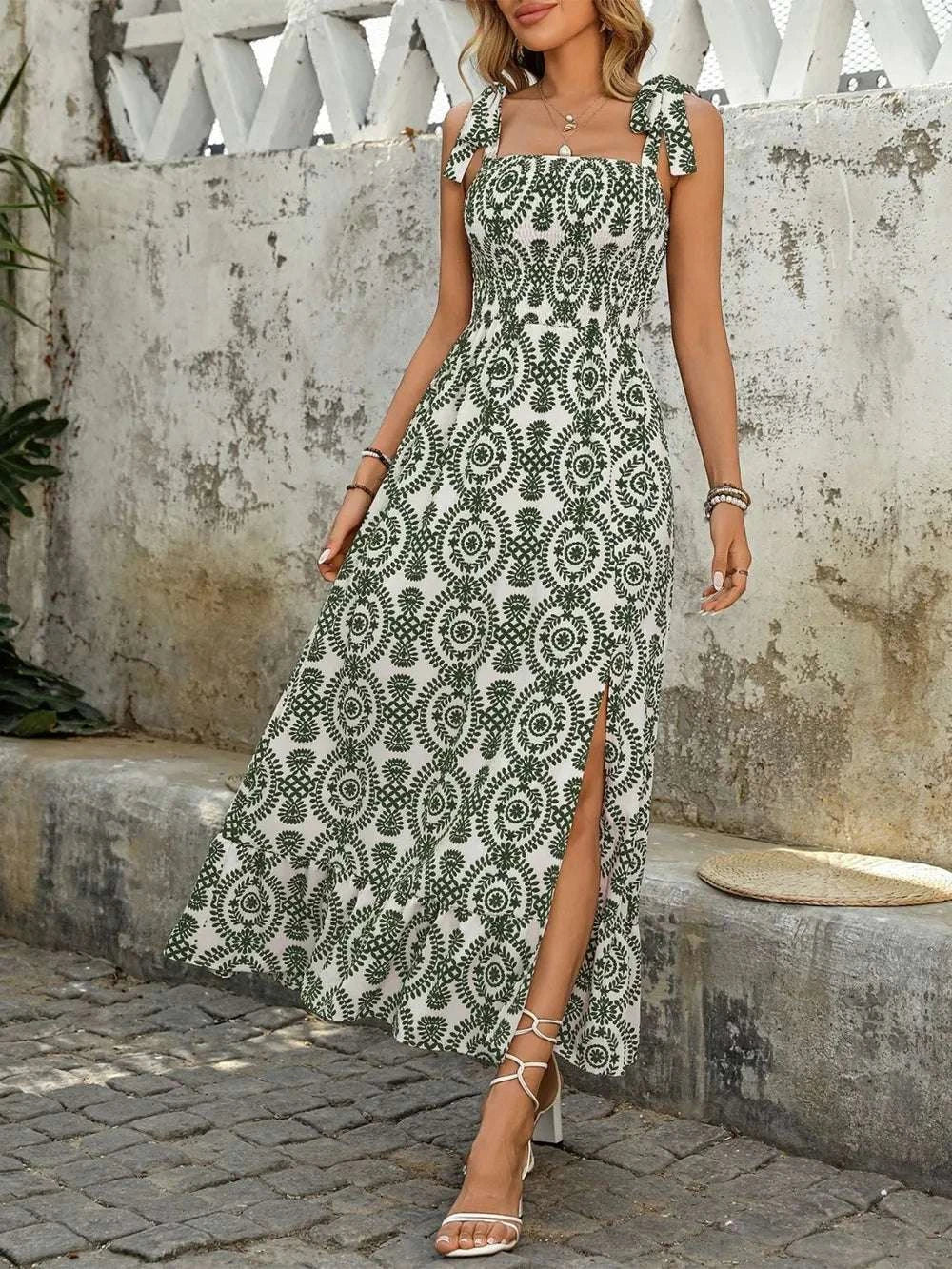 Smocked Slit Printed Tie Shoulder Dress WESTCLOSET