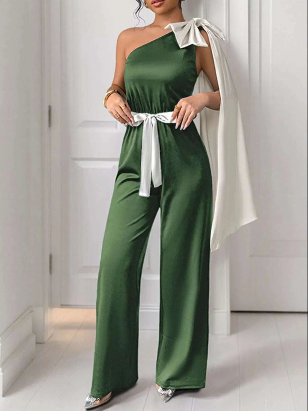 One-Shoulder Bowknot Wide Leg Jumpsuit WESTCLOSET