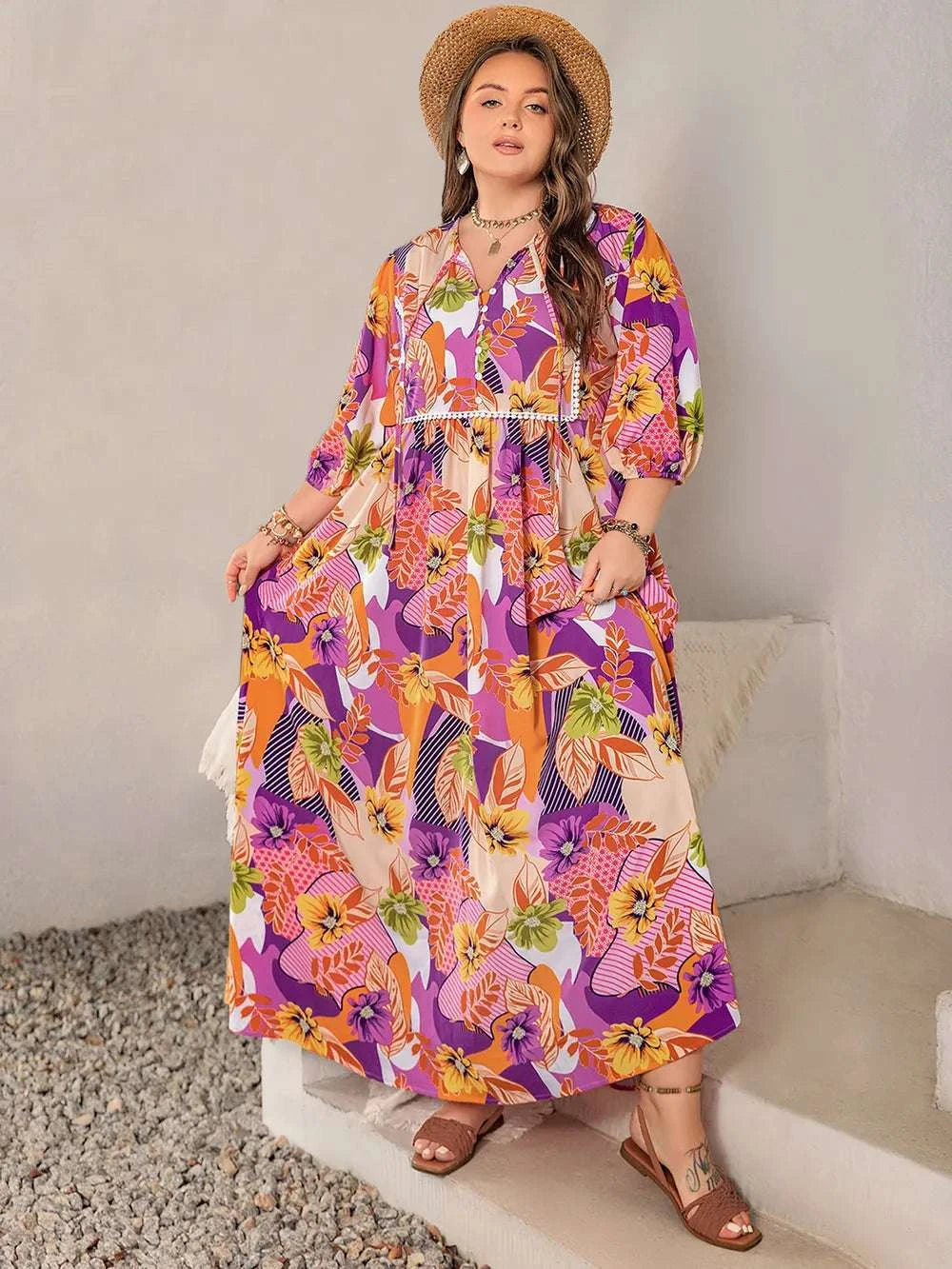 Plus Size Printed Tie Neck Maxi Dress WESTCLOSET