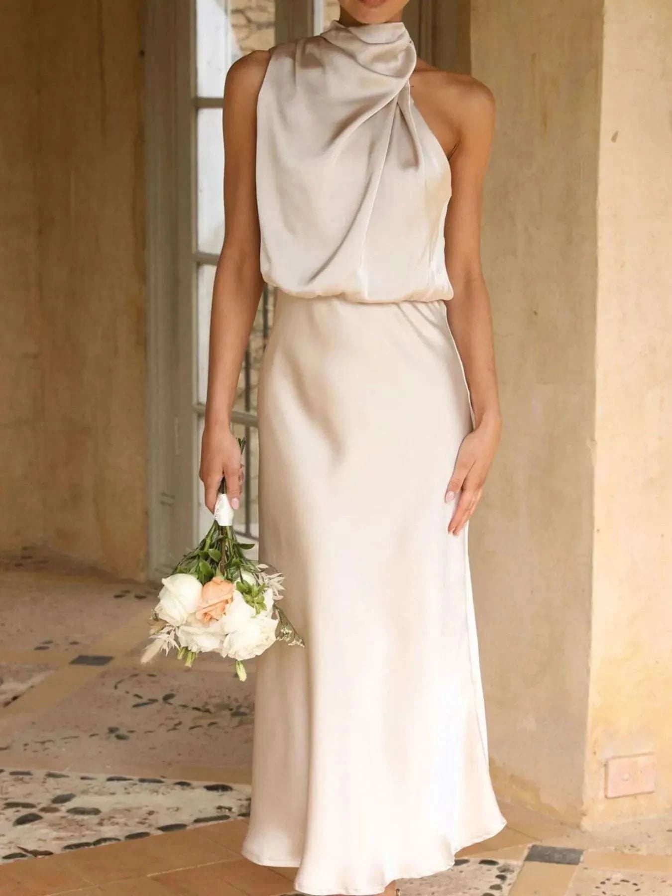 Asymmetrical Ruched Sleeveless Midi Dress Apricot / L
