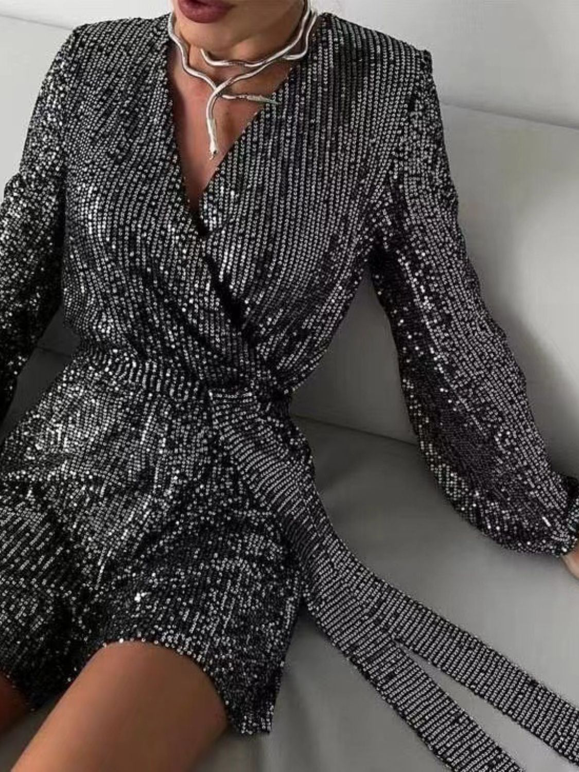 WestCloset Full Size Sequin Surplice Tie Waist Long Sleeve Romper 