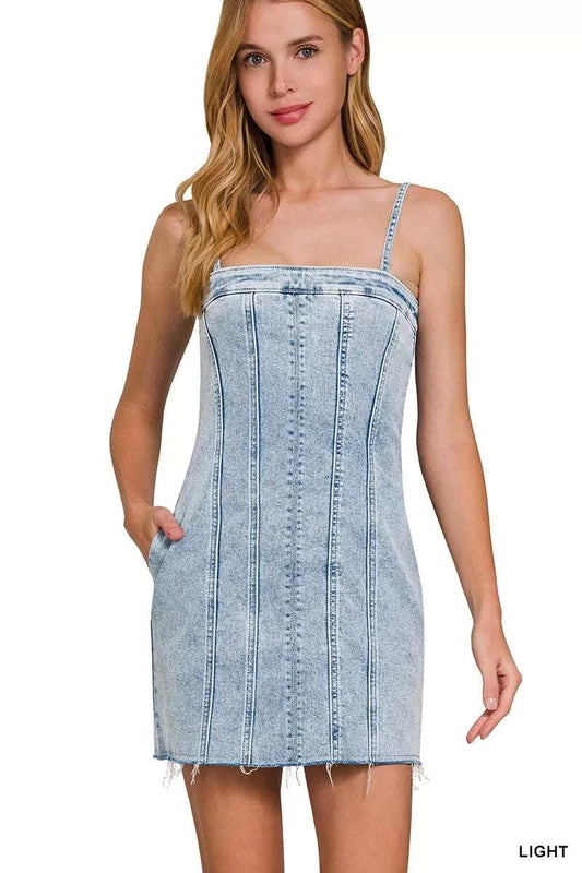Zenana Spaghetti Strap Exposed Seam Light-Wash Dress WESTCLOSET