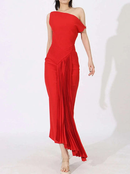 Single Shoulder Pleated Dress WESTCLOSET