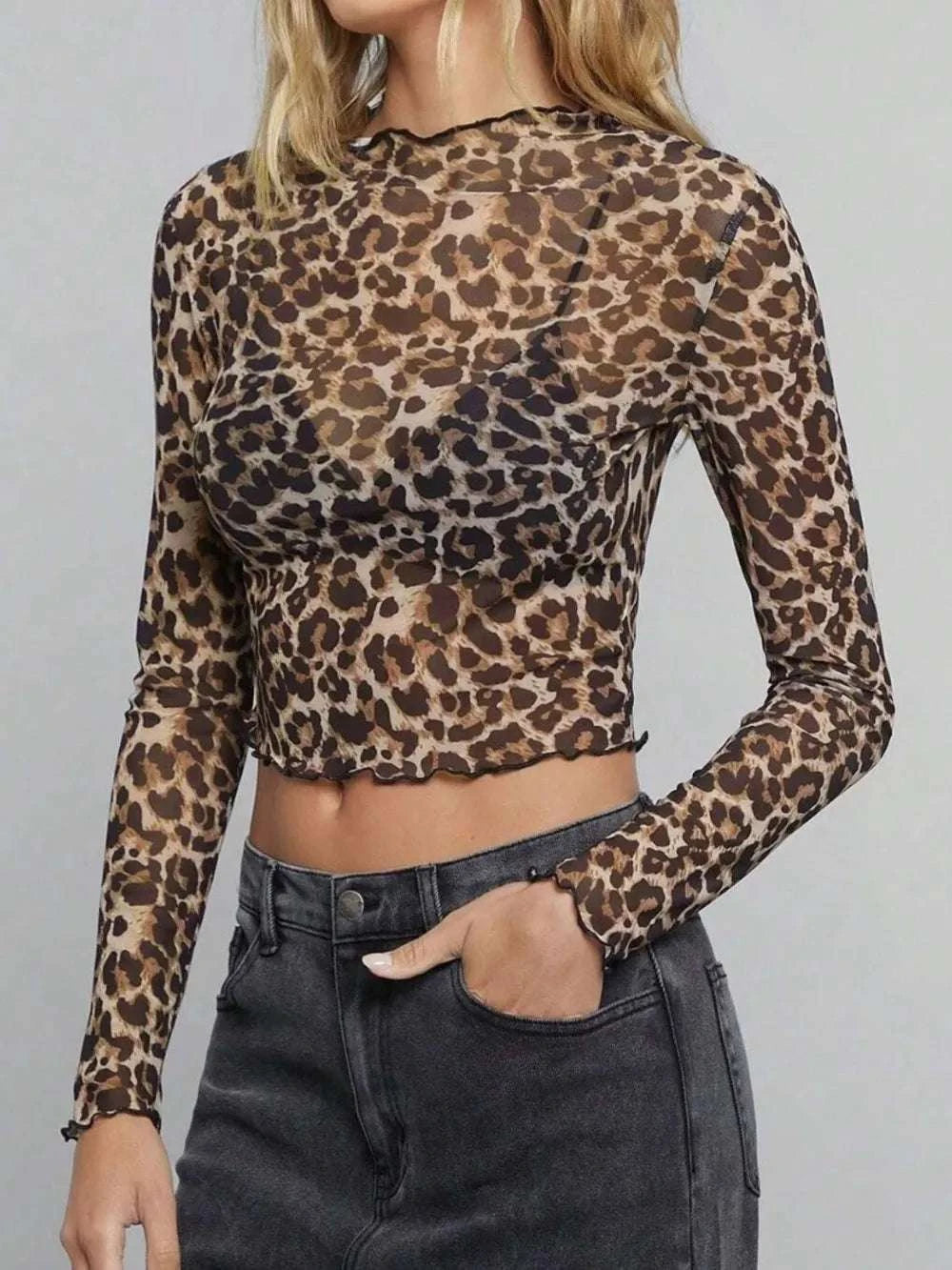 Leopard Mock Neck Long Sleeve Sheer Top WESTCLOSET