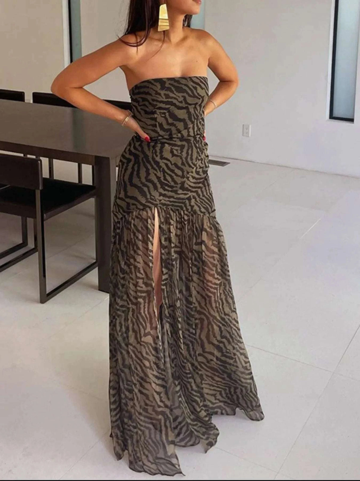 Zebra Print Maxi Dress with Side Slit WESTCLOSET