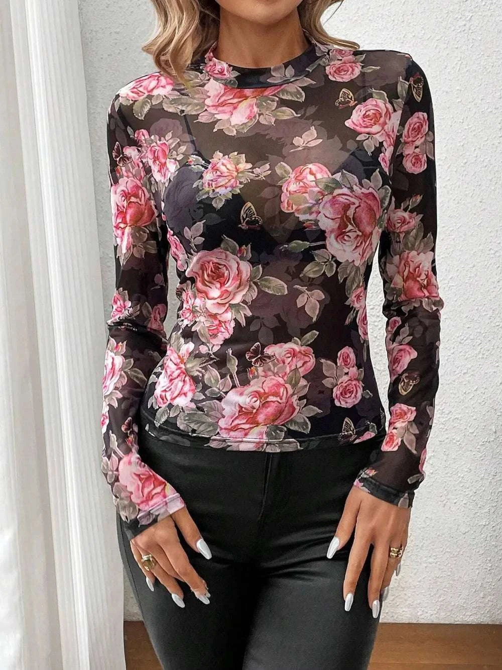 Mesh Floral Mock Neck Long Sleeve Top WESTCLOSET