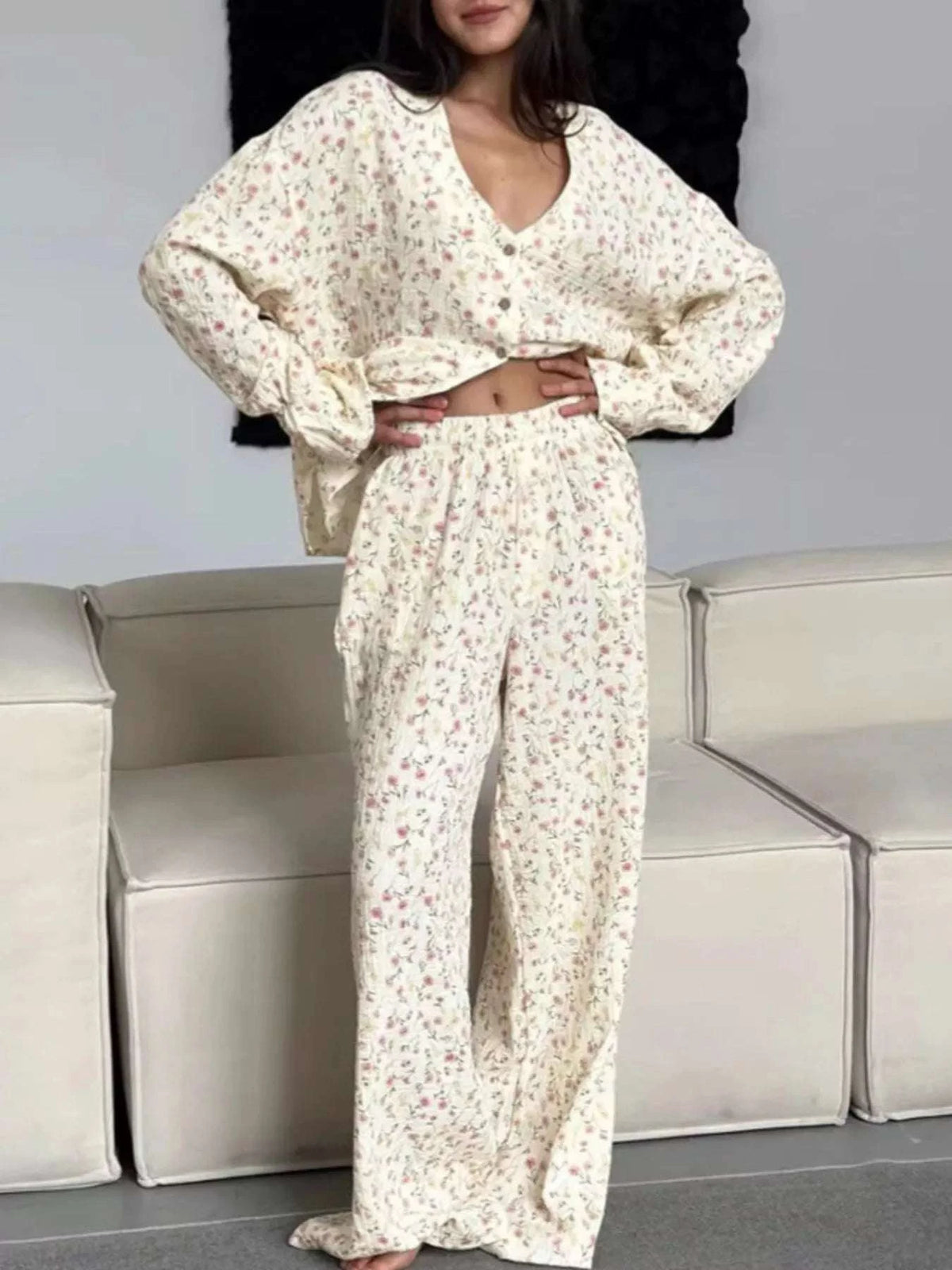 Floral Print Button-Down Top and Pants Lounge Set WESTCLOSET