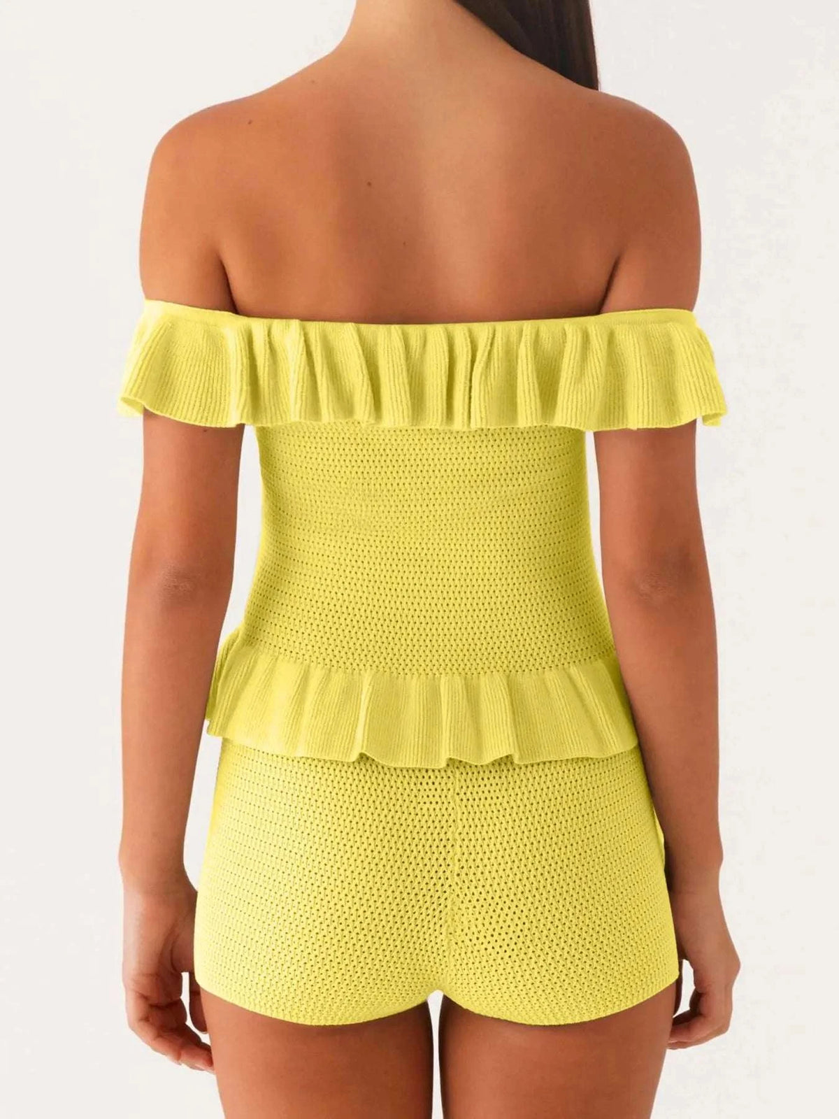 Off-Shoulder Ruffle Top and Shorts Sweater Set WESTCLOSET