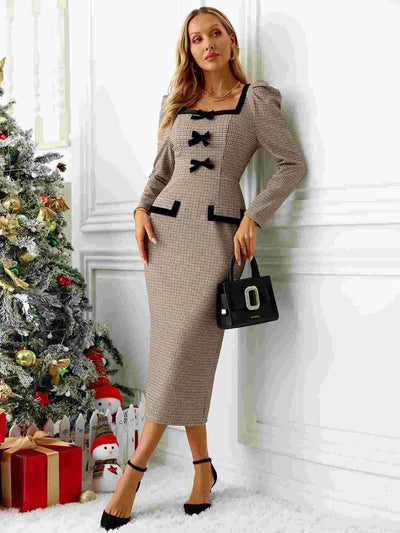WestCloset Bow Plaid Square Neck Puff Sleeve Dress 