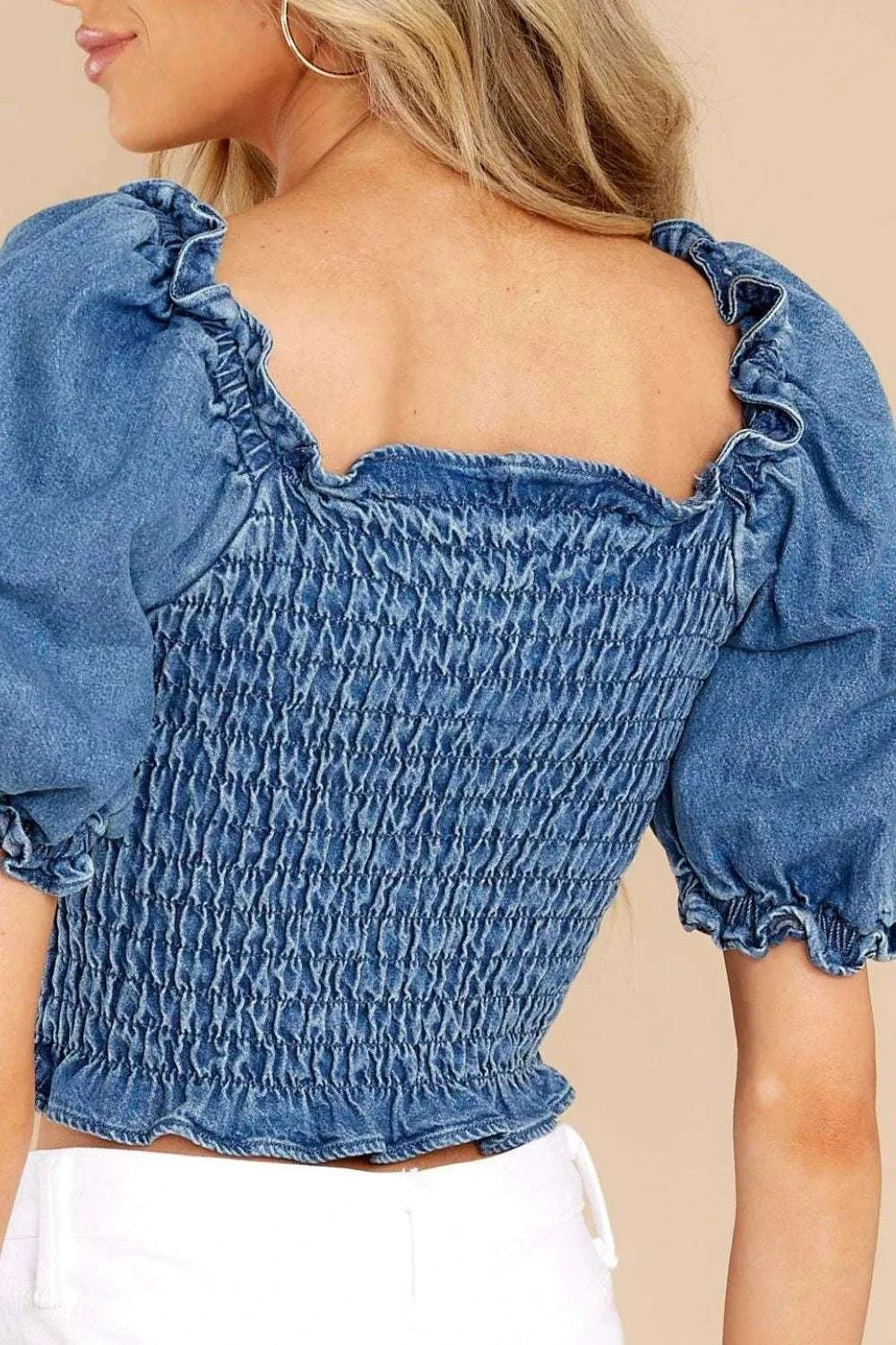Puff Sleeve Smocked Cropped Denim Top WESTCLOSET