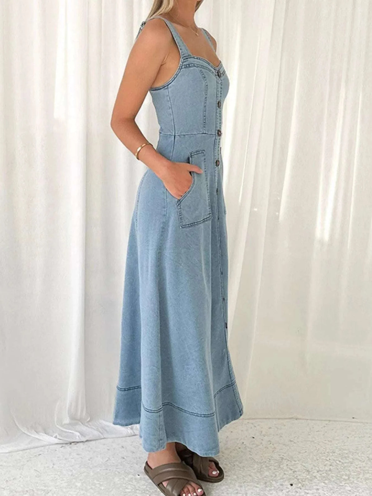 Wide Strap Sweetheart Neck Denim Dress WESTCLOSET