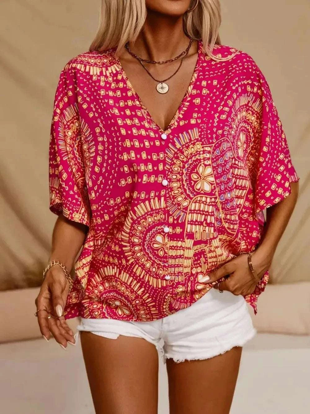Printed V-Neck Half Sleeve Top WESTCLOSET
