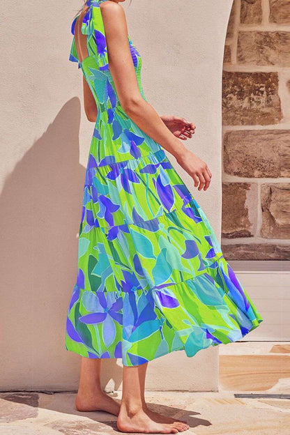 Floral Tie-Shoulder Smocked Midi Dress WESTCLOSET