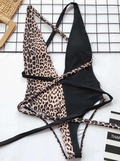 Tied Leopard Plunge One-Piece Swimwear WESTCLOSET