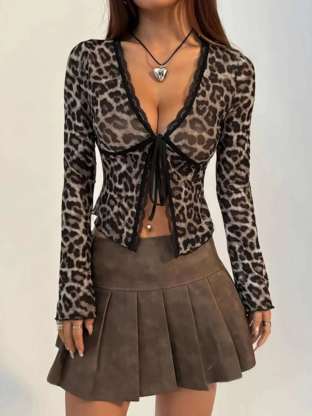 Leopard Print Long Sleeve Tie-Front Top WESTCLOSET