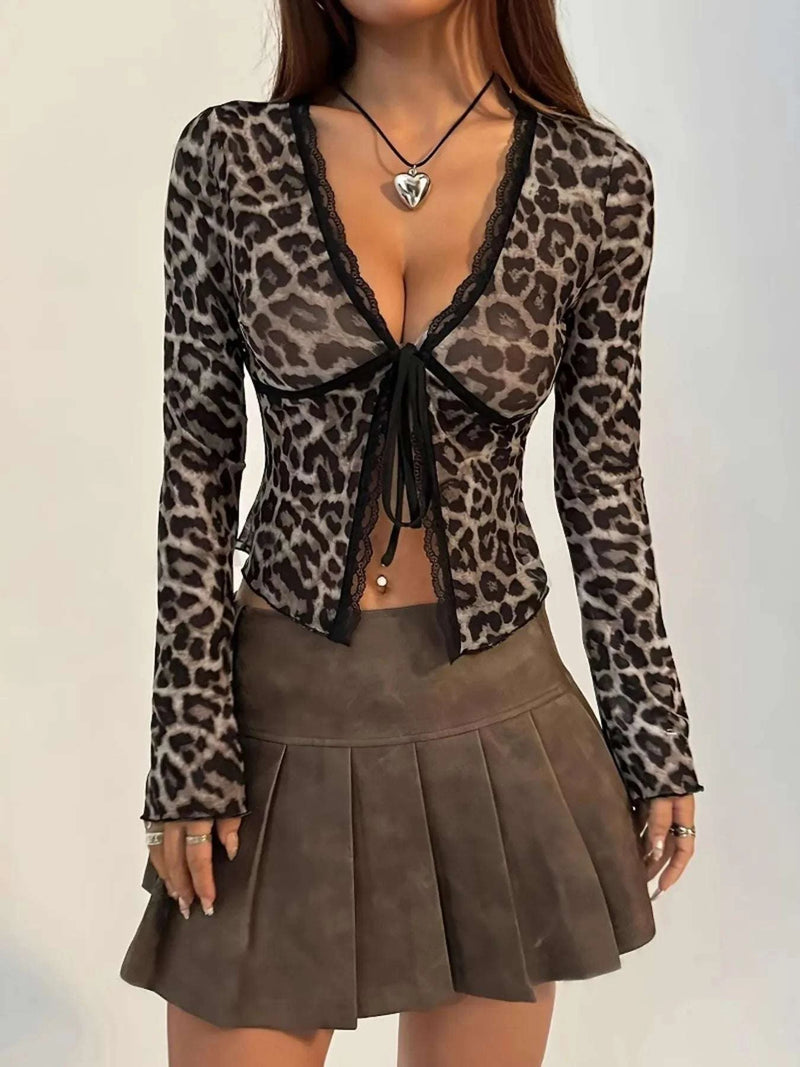 Leopard Print Long Sleeve Tie-Front Top WESTCLOSET