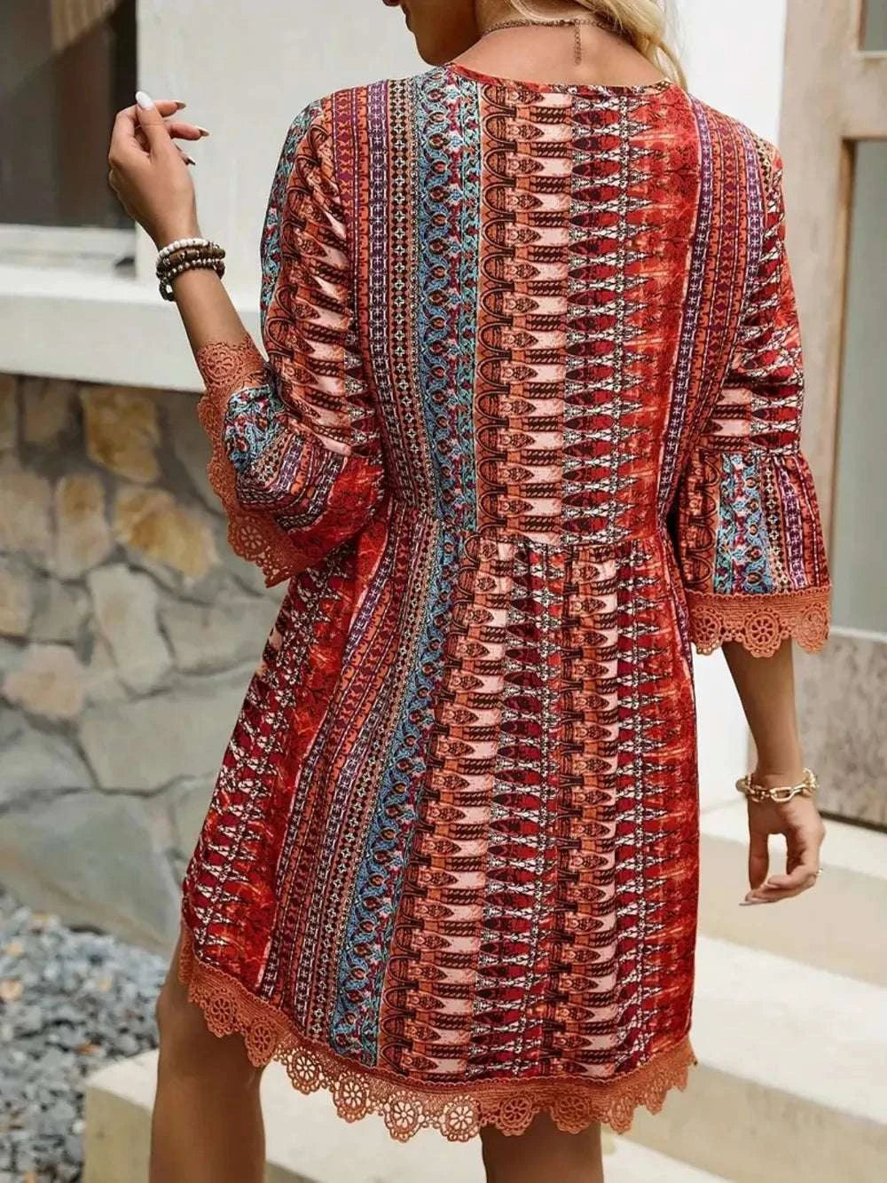 Lace Trim Printed V-Neck 3/4 Sleeve Dress WESTCLOSET