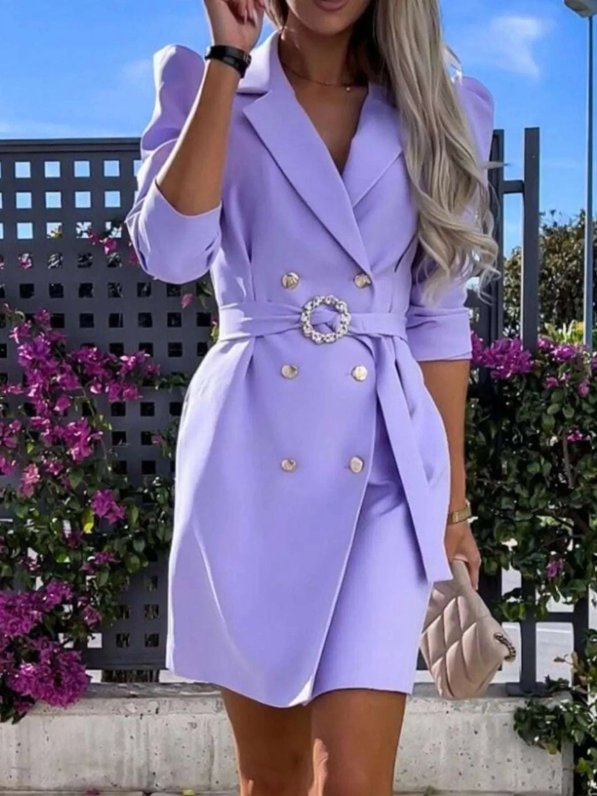 3/4 Sleeve Belted Blazer Dress WESTCLOSET