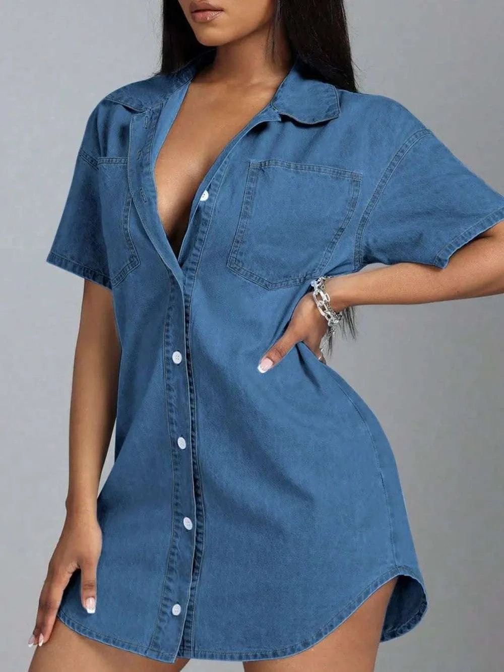 Button Down Collared Neck Denim Dress WESTCLOSET