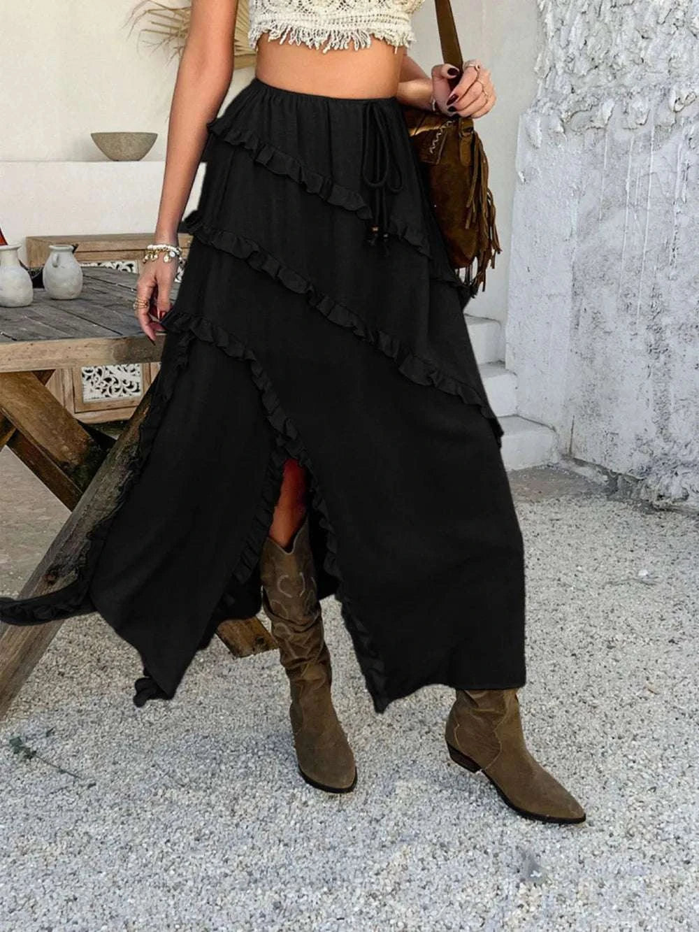 Devine Slit Drawstring Ruffled Skirt WESTCLOSET