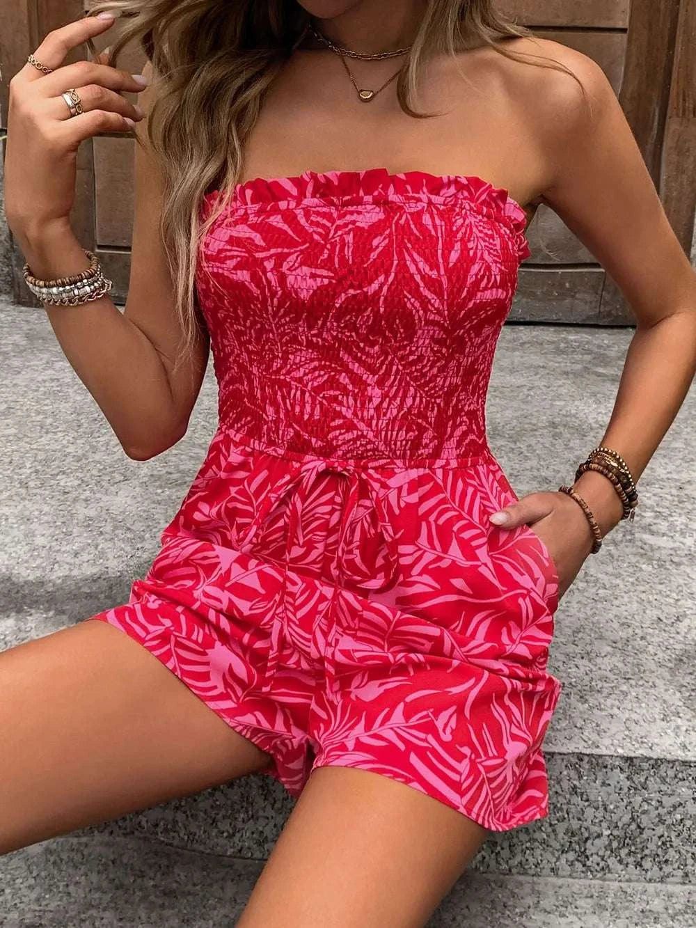 Perfee Smocked Printed Tube Romper with Pockets WESTCLOSET