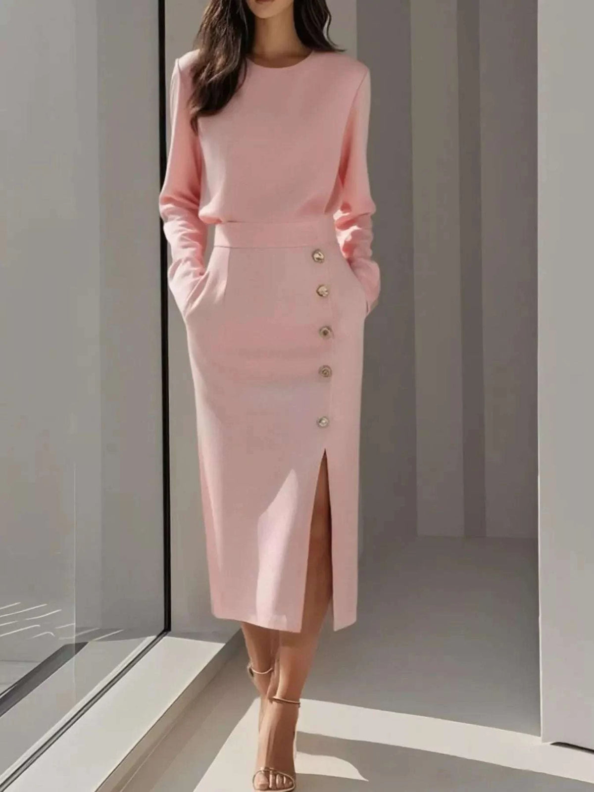 Long Sleeve Button Detail Midi Dress with Side Slit WESTCLOSET