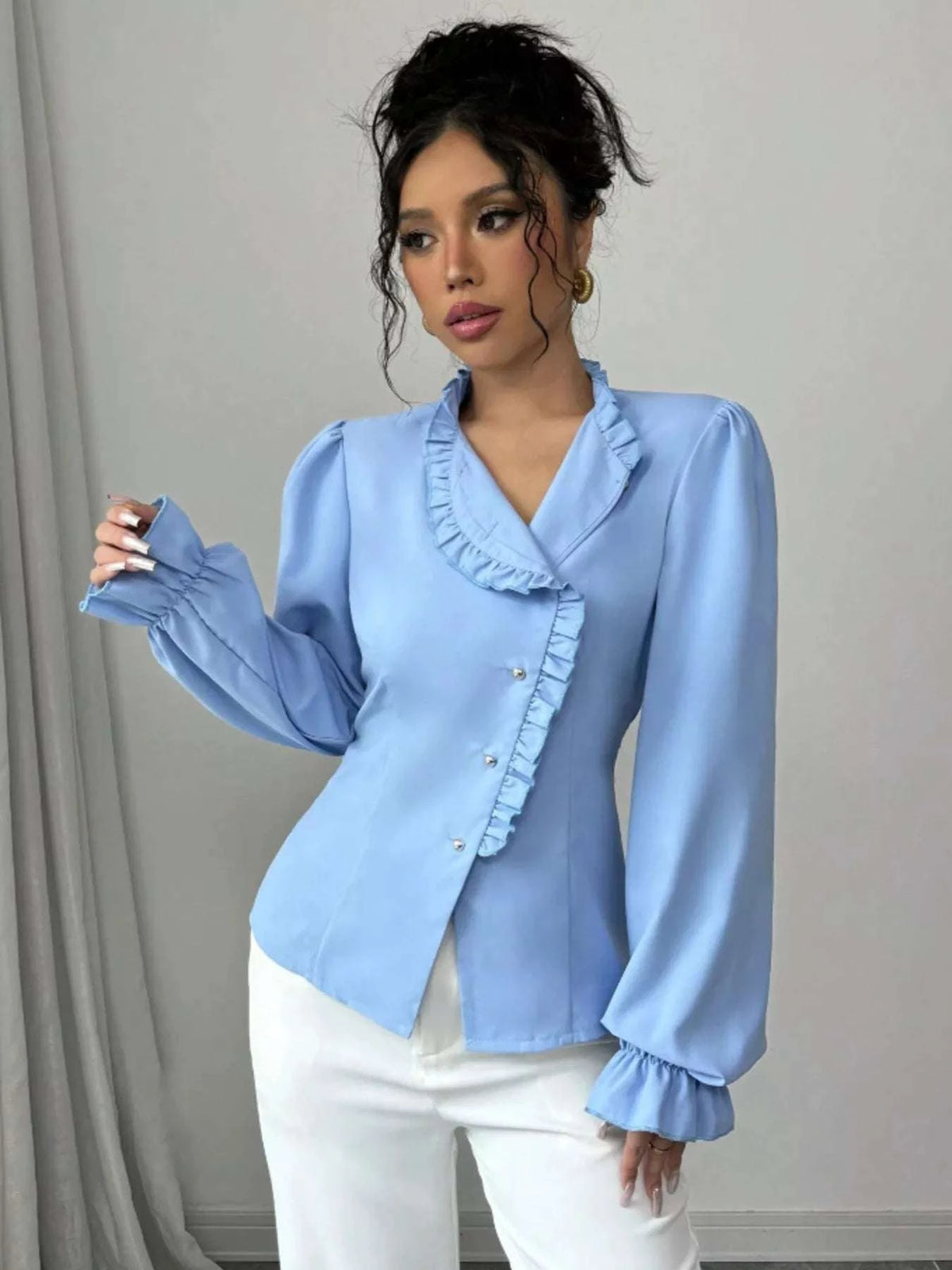Ruffle Trim Long Sleeve Blouse WESTCLOSET