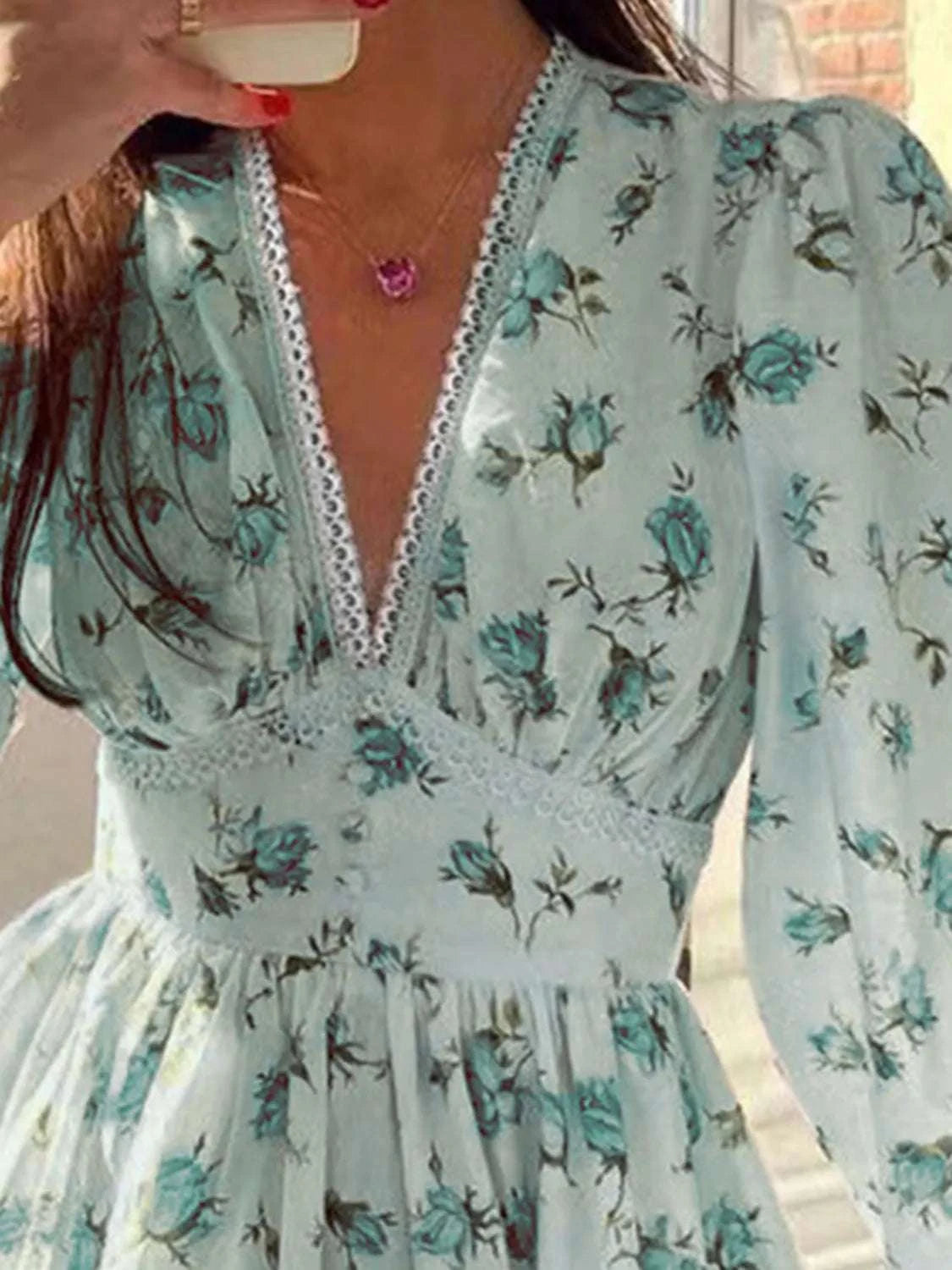 Lace Detail V-Neck Balloon Sleeve Dress WESTCLOSET