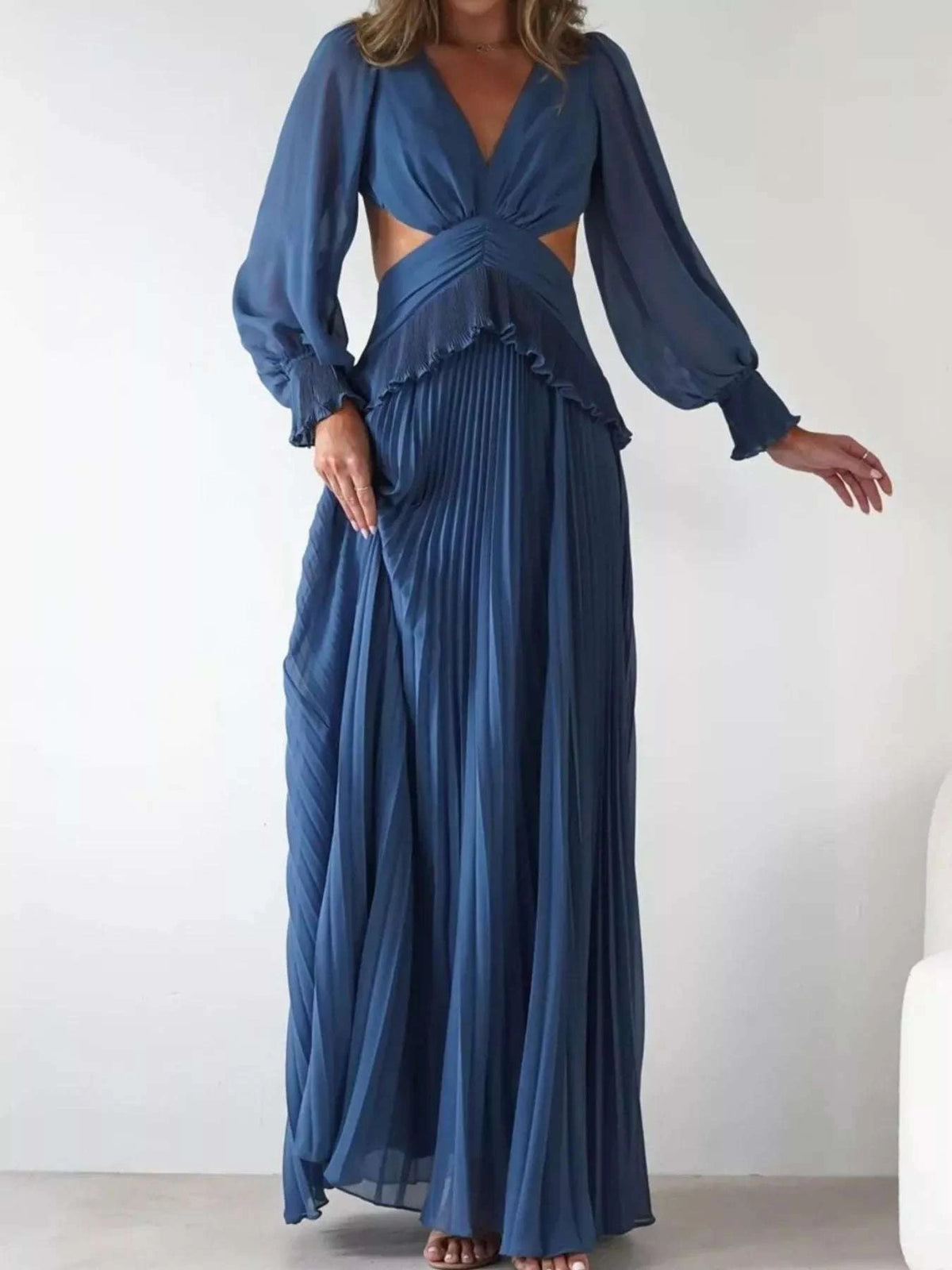Backless Pleated Long Sleeve Maxi Dress WESTCLOSET