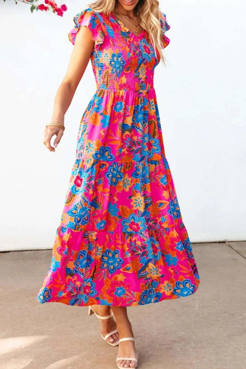 Boho Floral V Neck Ruffle Tiered Dress WESTCLOSET