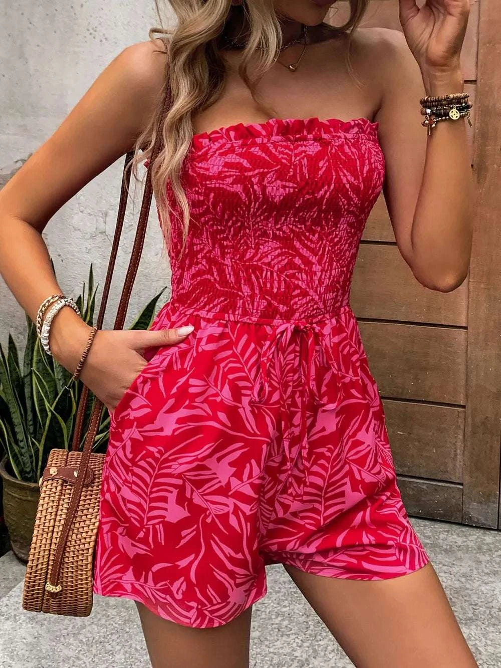 Perfee Smocked Printed Tube Romper with Pockets WESTCLOSET