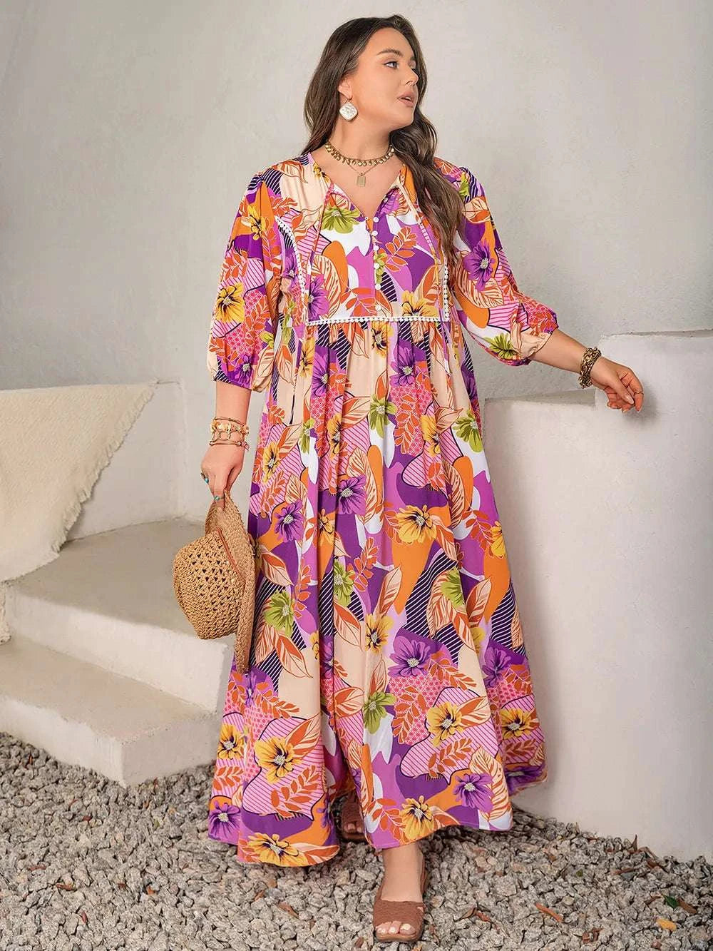 Plus Size Printed Tie Neck Maxi Dress WESTCLOSET