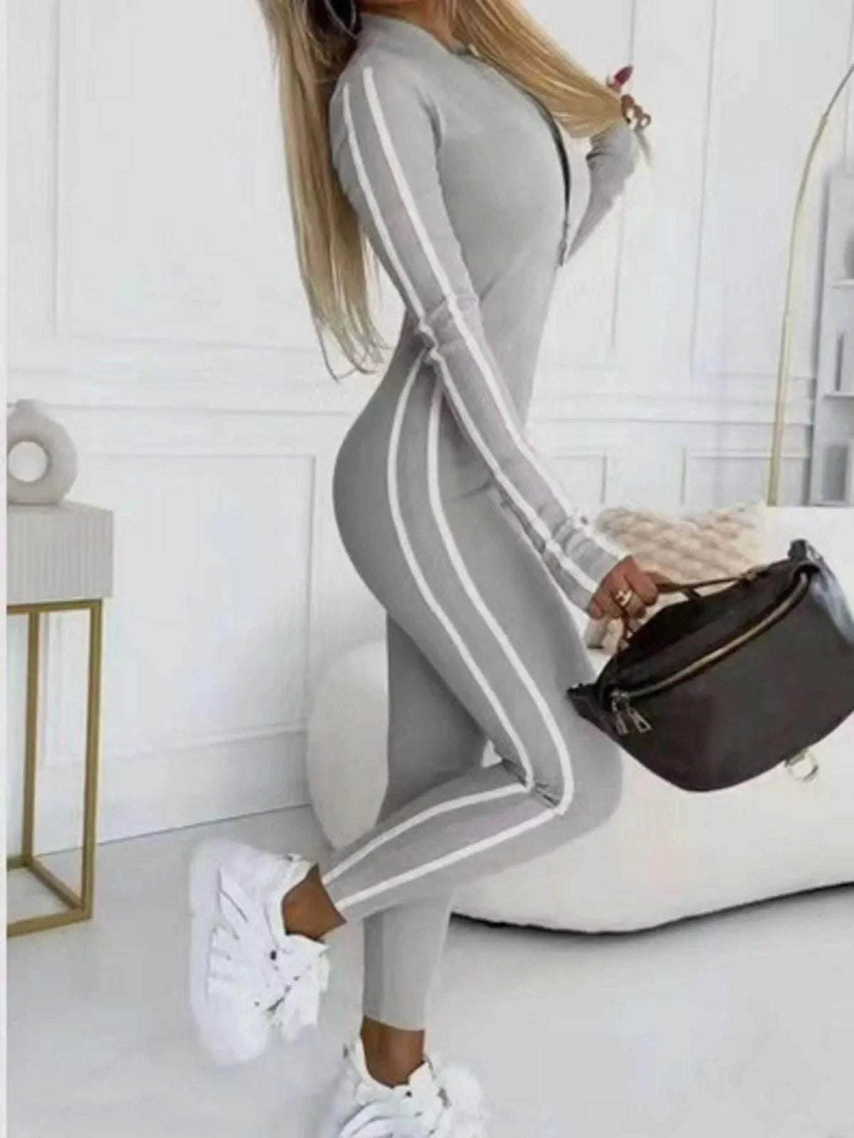Full Size Stripe Zip-Front Long Sleeve Jumpsuit Plus Size WESTCLOSET
