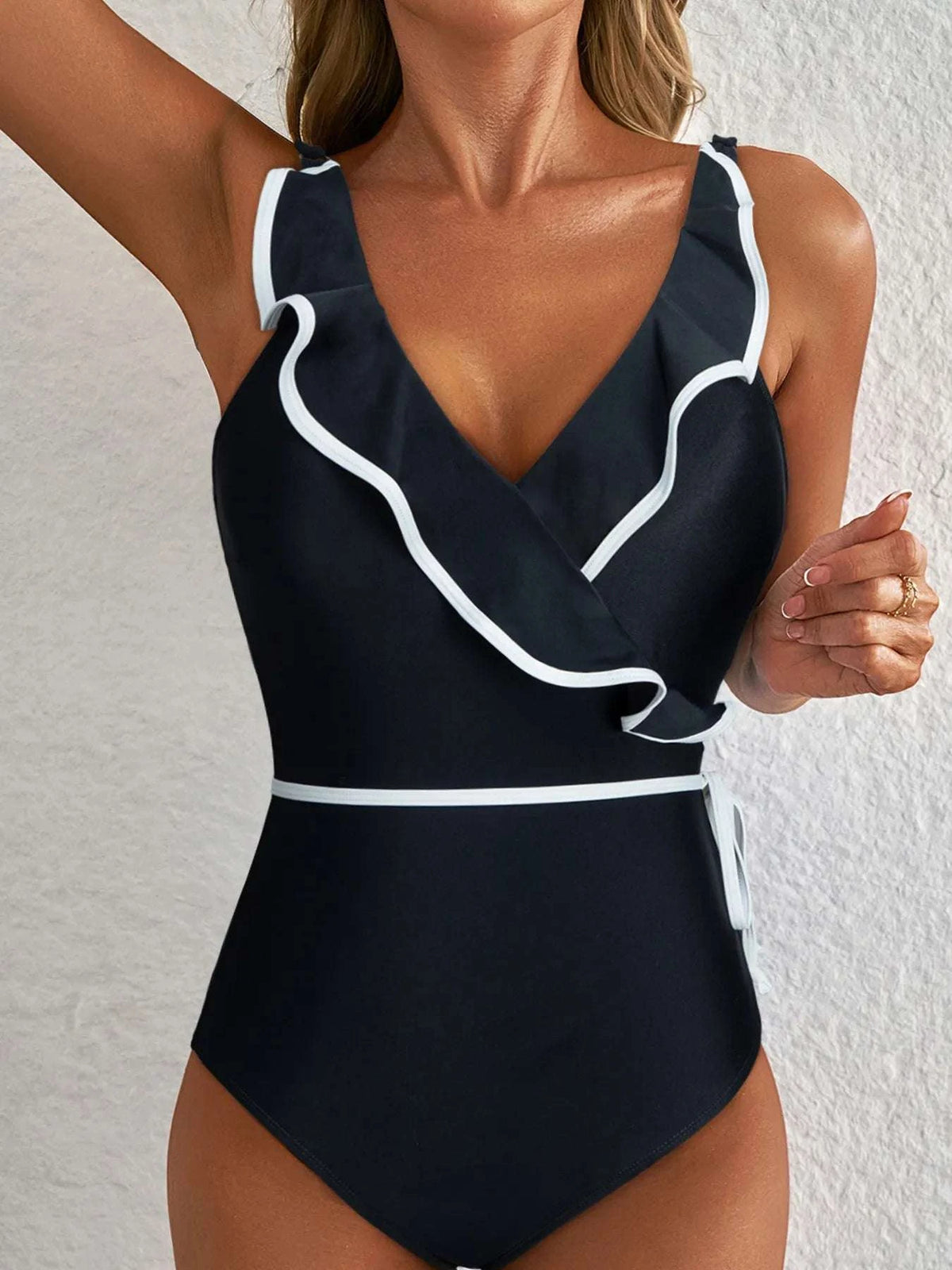 Ruffle Trim V-Neck One-Piece Swimsuit WESTCLOSET