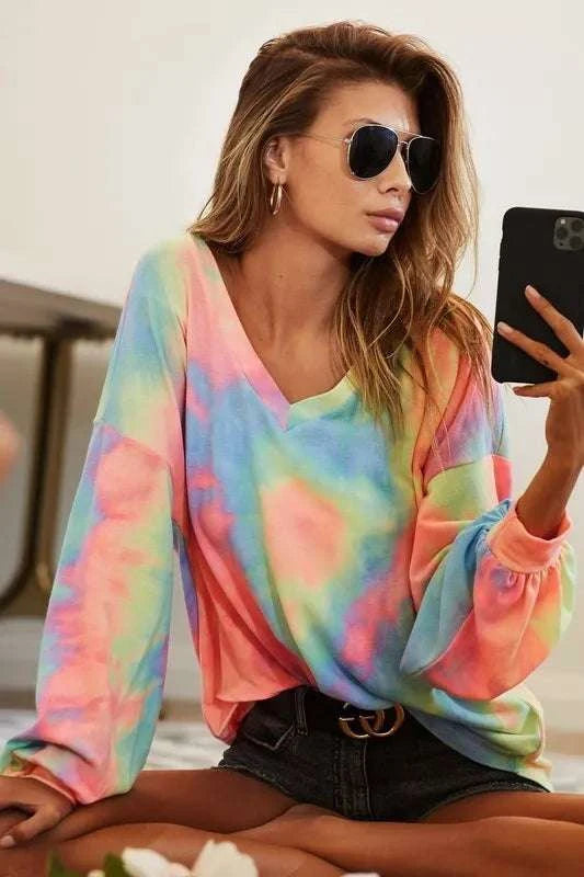 BiBi Tie Dye French Terry V Neck Top WESTCLOSET