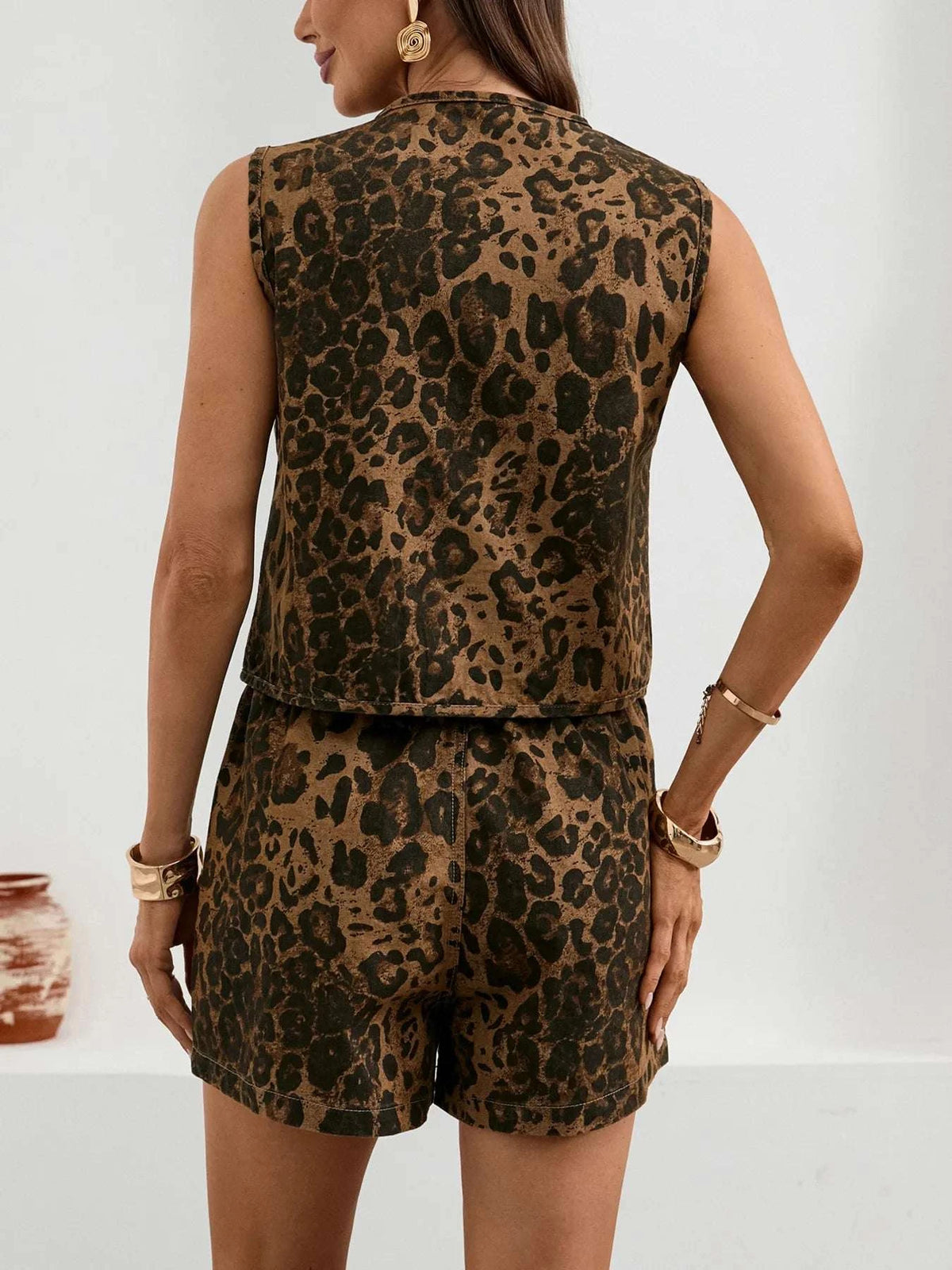 Leopard Print Tie Front Tank and Shorts Denim Set WESTCLOSET