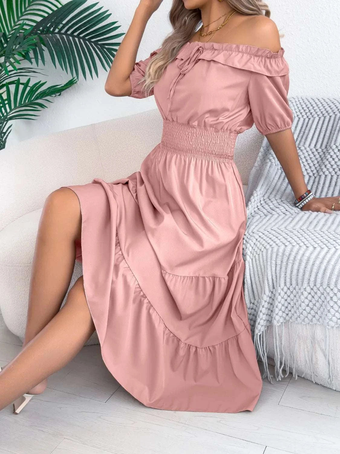 Smocked Off-Shoulder Tiered Dress WESTCLOSET