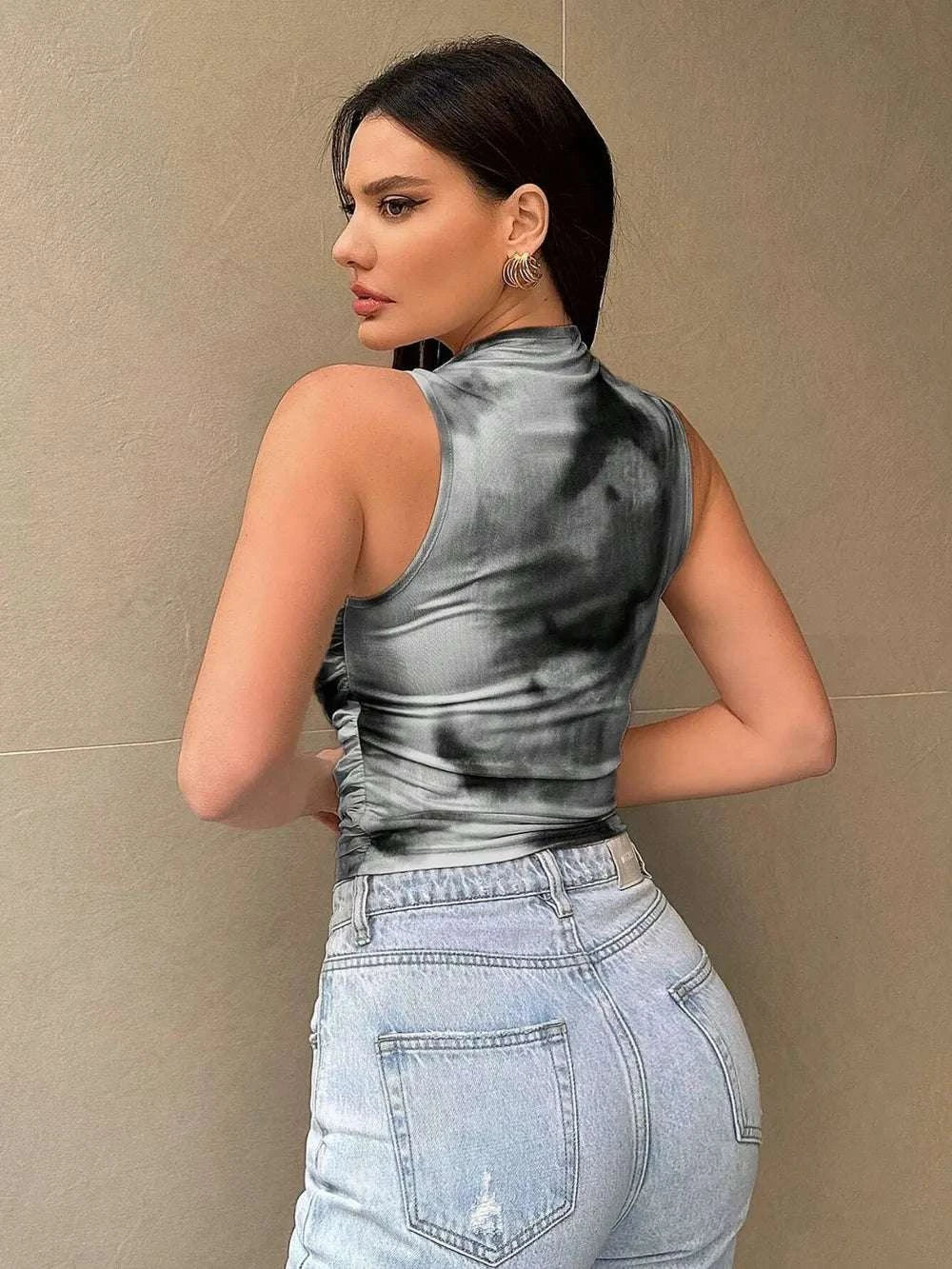 Printed Mock Neck Ruched Tank WESTCLOSET