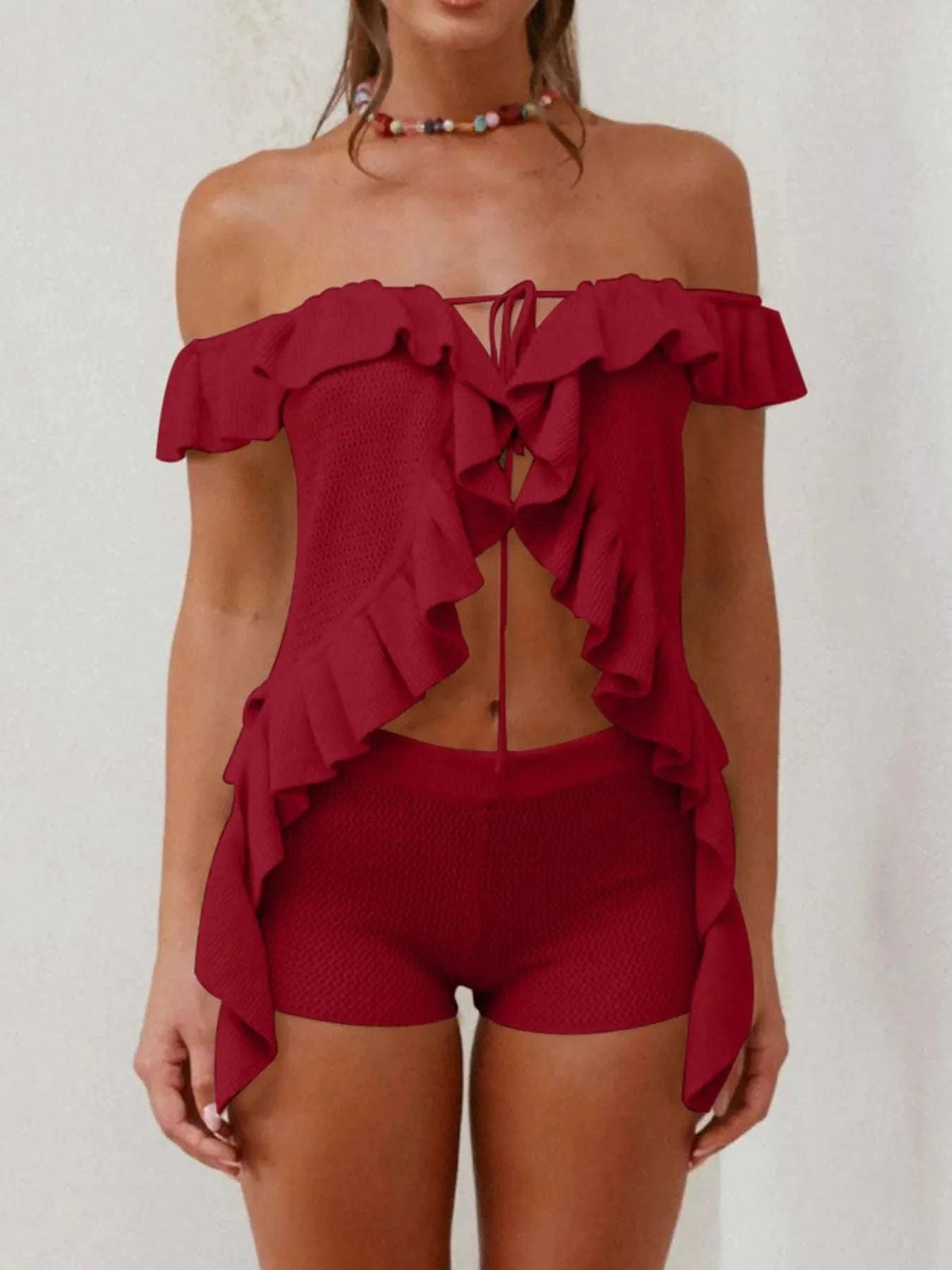 Off-Shoulder Ruffle Top and Shorts Sweater Set WESTCLOSET