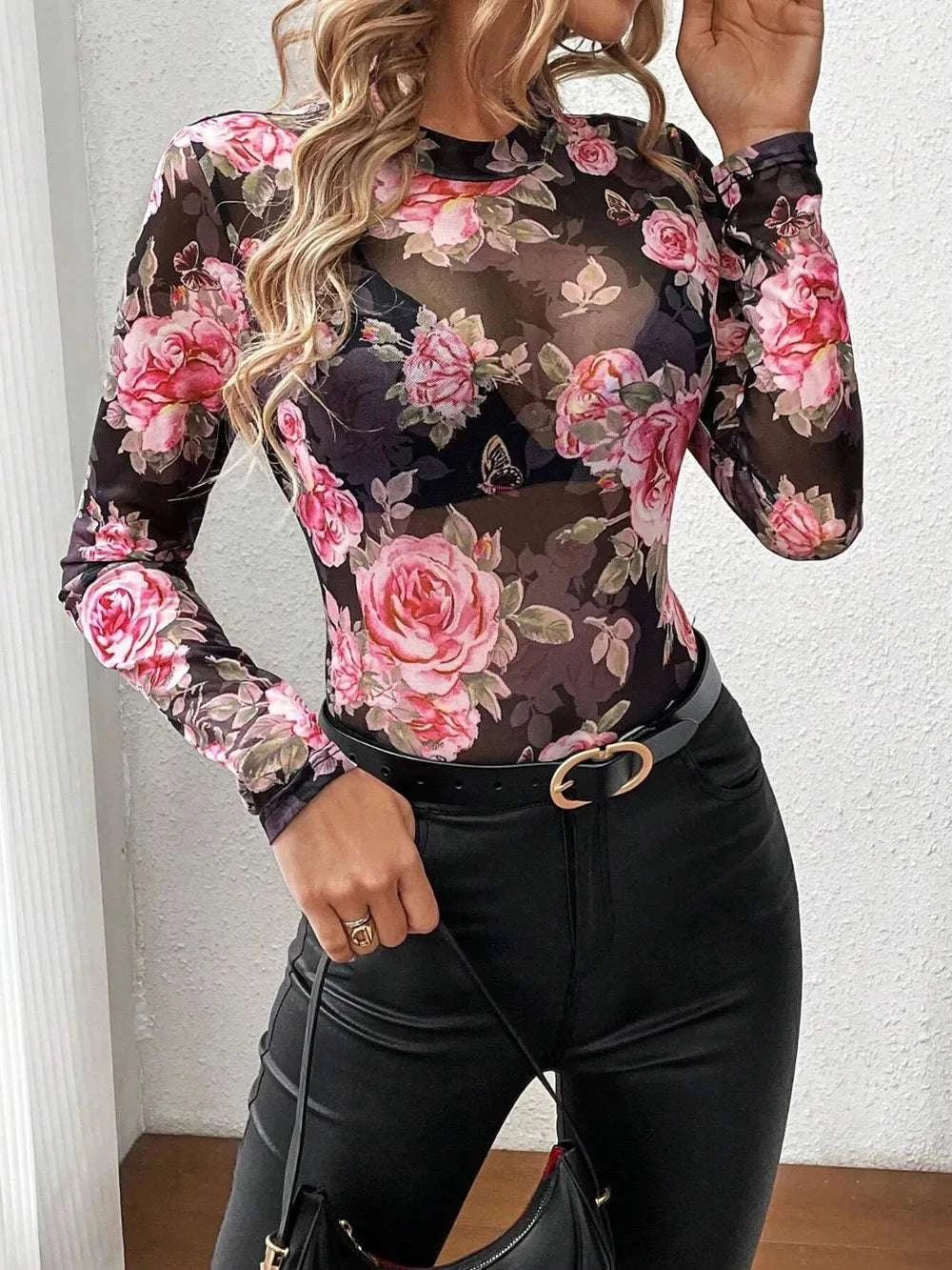 Mesh Floral Mock Neck Long Sleeve Top WESTCLOSET