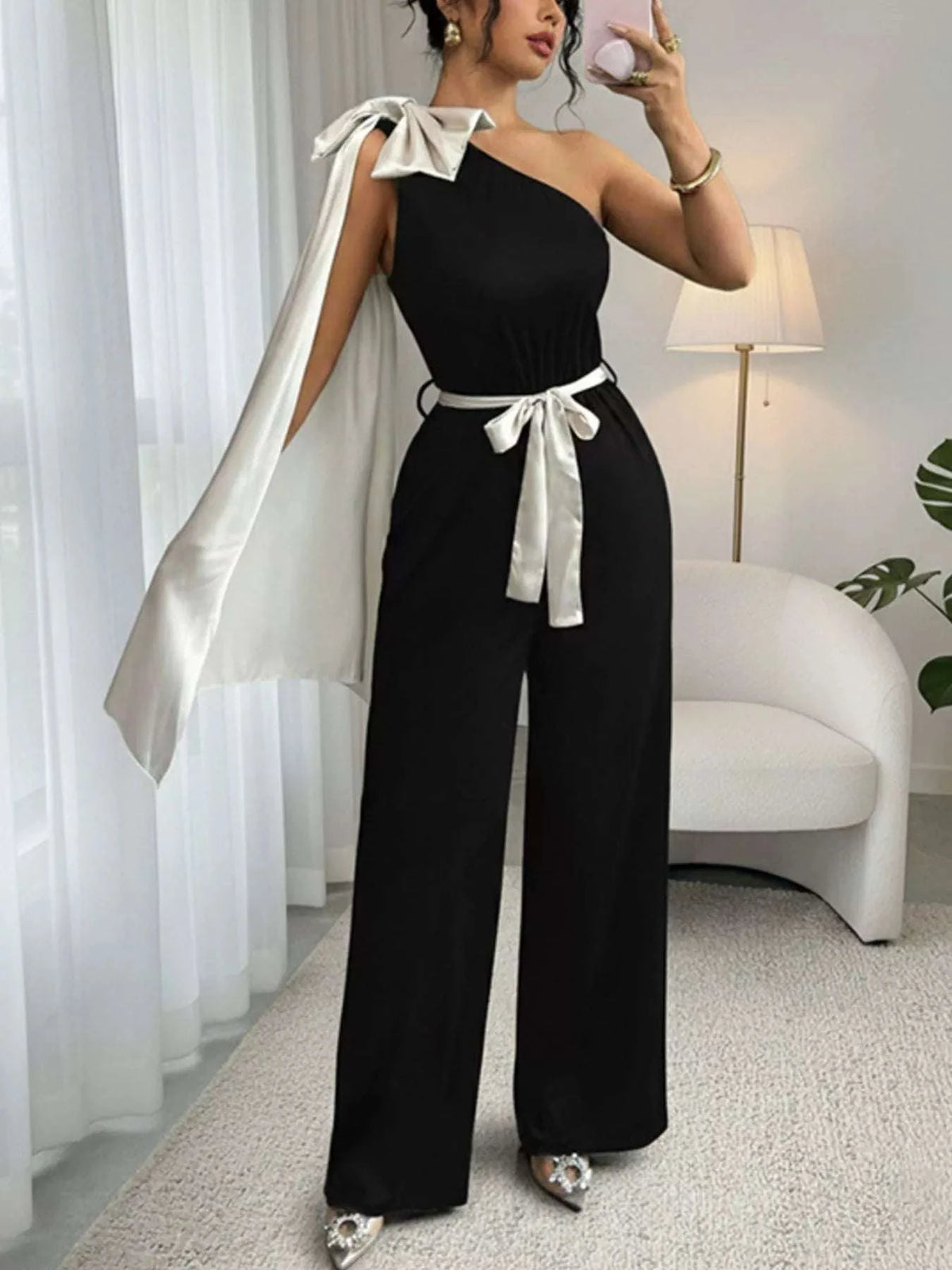 One-Shoulder Bowknot Wide Leg Jumpsuit WESTCLOSET