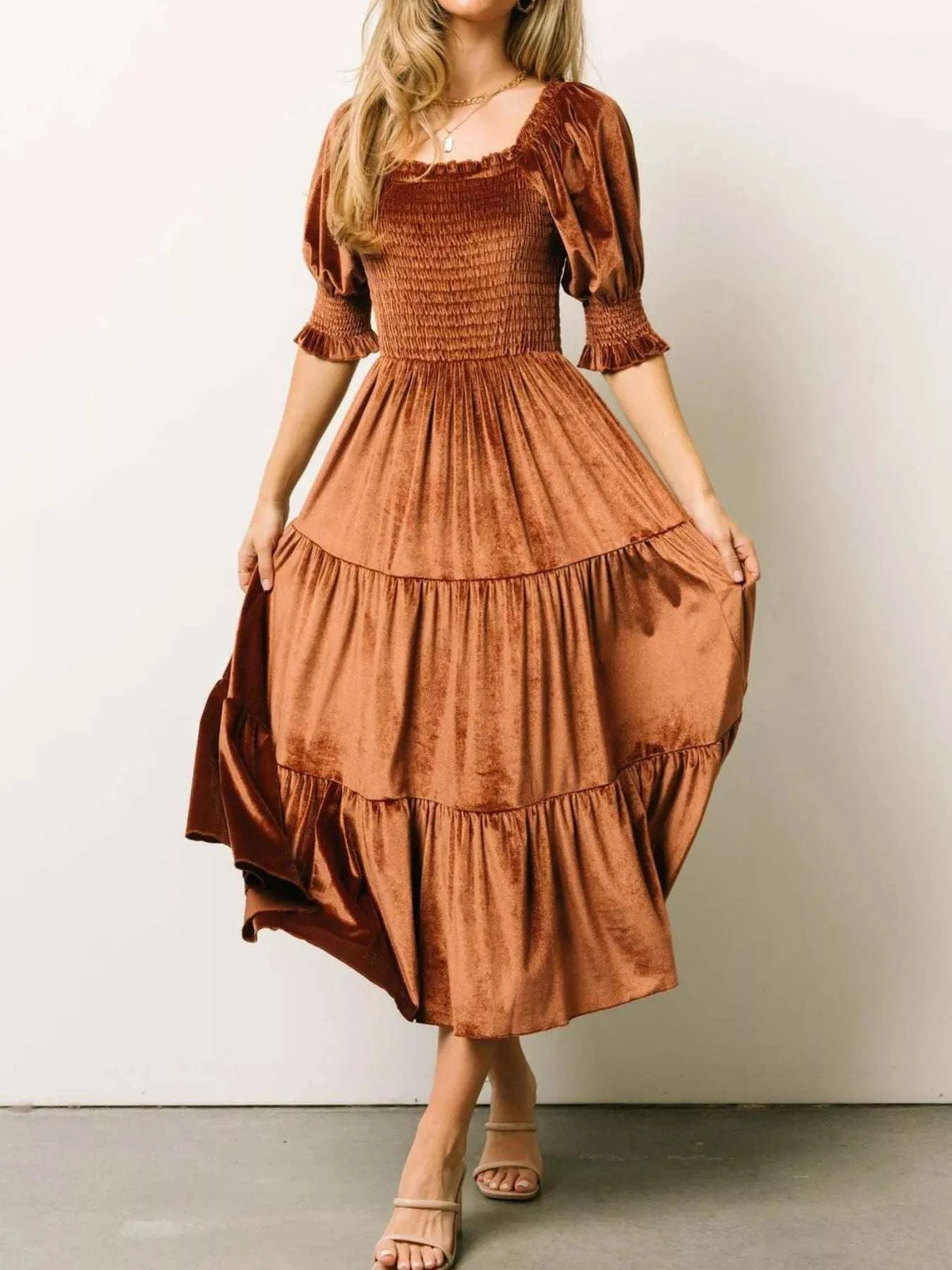 Velvet Smocked Tiered Midi Dress WESTCLOSET