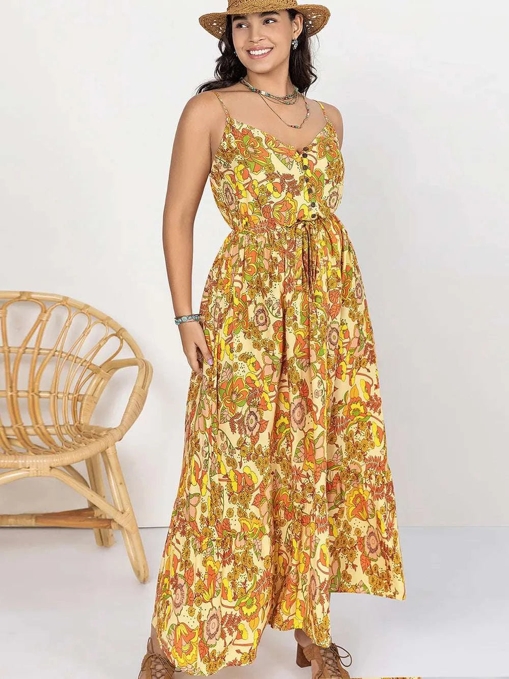 Plus Size Printed V-Neck Maxi Cami Dress WESTCLOSET