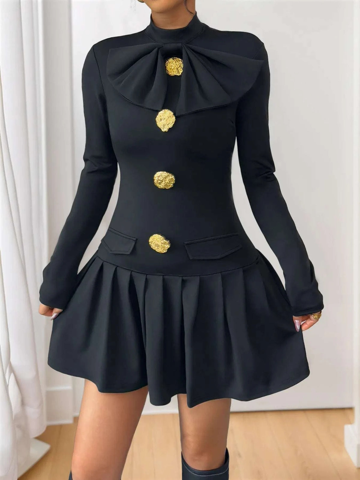 Decorative Button Mock Neck Long Sleeve Mini Dress WESTCLOSET