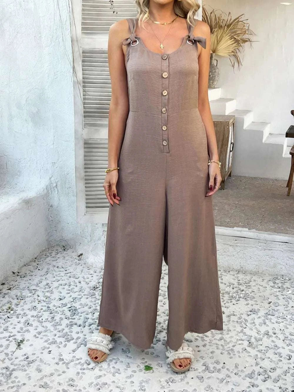 Devine Button Front Knotted Strap Wide Leg Jumpsuit WESTCLOSET
