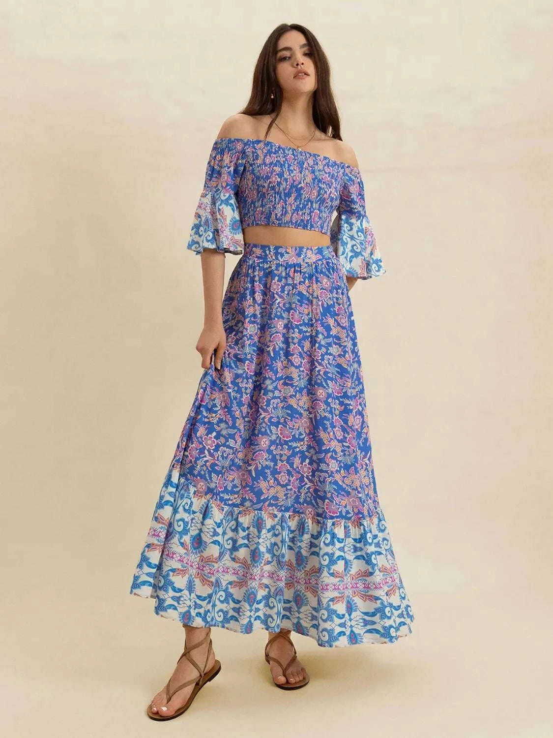 Smocked Off-Shoulder Printed Top and Skirt Set WESTCLOSET