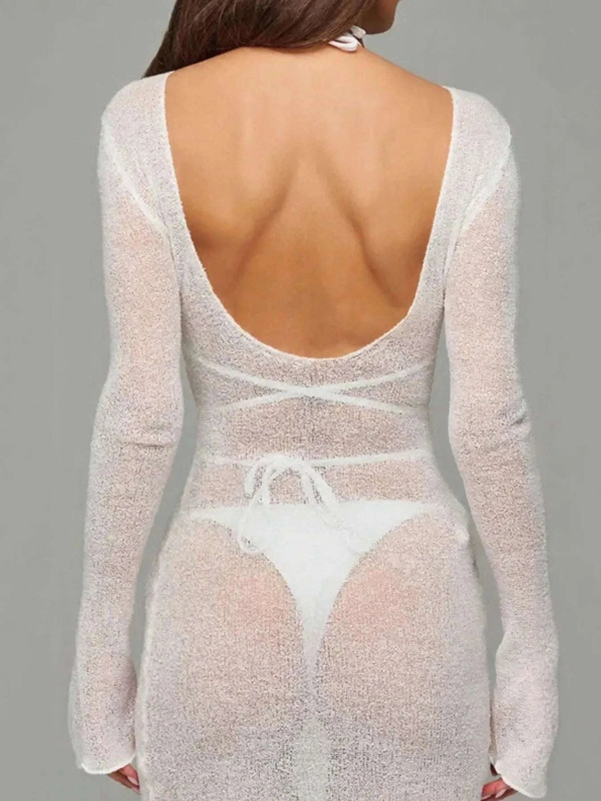 Sheer Backless Long Sleeve Mini Cover-Up Dress WESTCLOSET