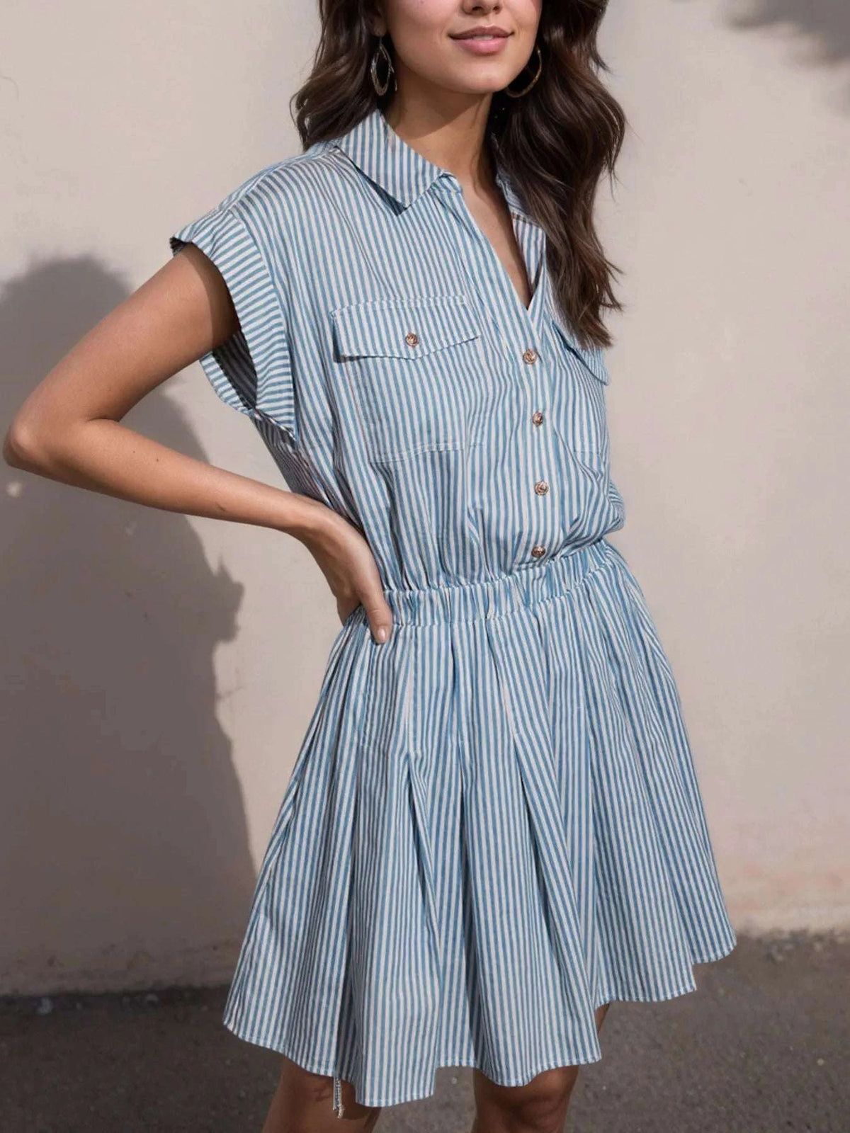 Hlaf Button Striped Cap Sleeve Mini Shirt Dress WESTCLOSET