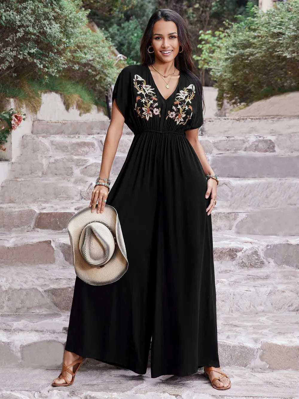 Embroidered Ruched Short Sleeve Jumpsuit WESTCLOSET
